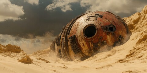 Rusty spacecraft crashed in desert.