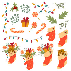 Set of Christmas decorations elements and prints isolated on a white background. Holiday gifts and sweets. Happy New Year collection. Nice stockings and holly and fir branches. Cozy winter kit.