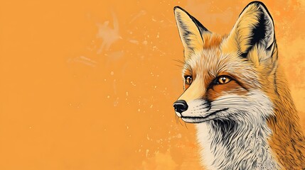 Obraz premium A close-up portrait of a fox, painted in a stylized manner, with a soft yellow background featuring painted white splotches.