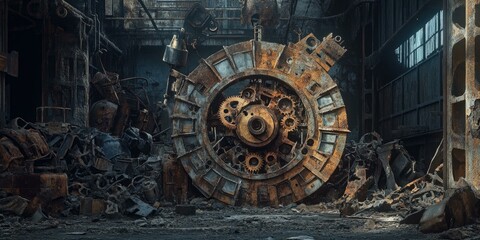 Obraz premium Rusty metal gears and machinery in a burnt factory.