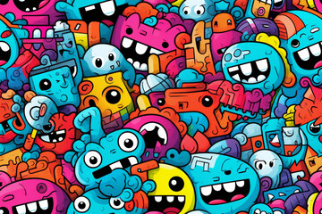 Colorful cartoon doodle seamless pattern with funny monsters, aliens, creatures, and characters on a white background.