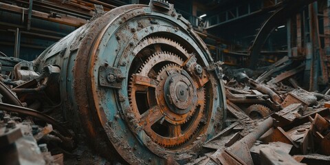 Rusty gears and metal debris in an abandoned factory.