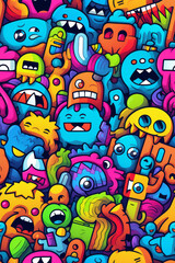 Colorful cartoon monster doodles background.