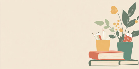 World Teachers Day. Minimalist back to school banner featuring books and colored pencils. Copy space, banner
