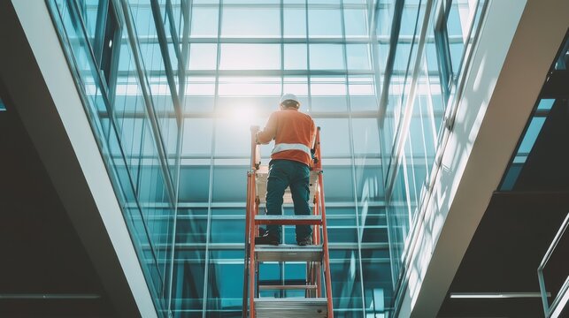 Maintenance service professional replacing light fixtures in a corporate building.