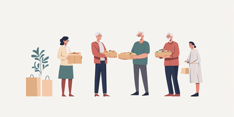 Fototapeta premium Volunteers holding donation boxes with food for charity. Copy space, banner