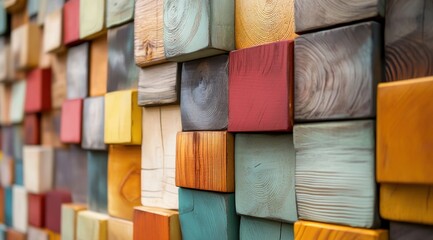 Un mur artistique en gros plan avec des blocs de bois multicolores, créant des motifs et des textures complexes. Concept de décoration d'intérieur.