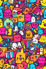 Colorful doodle pattern with cute and fun characters, shapes, and objects on a dark purple background.