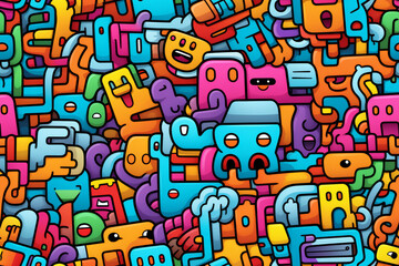 Colorful doodle pattern with funny cartoon characters, perfect for textile, wallpaper, and wrapping paper.