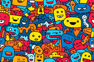 Fototapeta premium Colorful doodle pattern with cute monsters, eyes, smiles and abstract shapes.