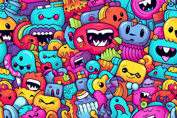 Colorful doodle pattern with cute cartoon monsters, aliens, and other funny creatures.