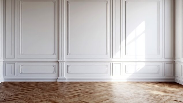 Une pi&egrave;ce vide, lumi&egrave;re traversante avec des murs blancs avec boiserie et un parquet flottant, concept de design d'int&eacute;rieur.