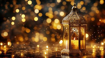 Obraz premium A traditional ornate golden lantern with a burning candle inside, set against a warm, blurred background of sparkling lights, perfect for Ramadan or Eid celebrations.