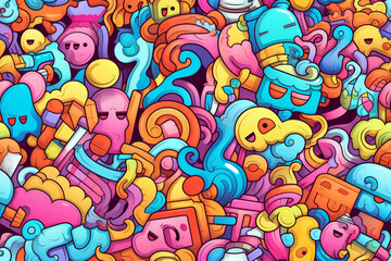 Fototapeta premium Colorful doodle pattern with various abstract shapes, swirls, and cartoon faces on a dark background.