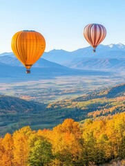 Fototapeta premium Hot air balloons floating over a valley with fall colors below, capturing the ultimate autumn vacation view from above Journey Autumn Vacation, Aerial Vista