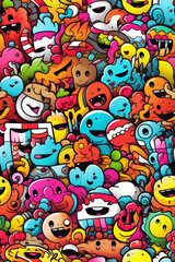 Colorful doodle pattern with happy faces, animals, and food.