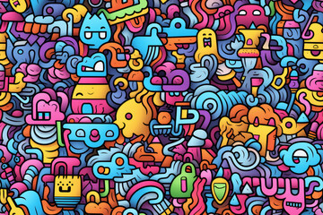 Colorful doodle pattern with various abstract shapes, funny characters, and geometric elements.