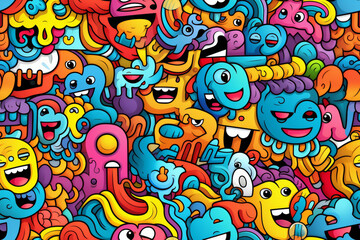 Fototapeta premium Colorful doodle pattern with funny faces and abstract shapes.