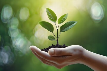 hand holding young plant on blur green nature background. concept eco earth day Generative AI