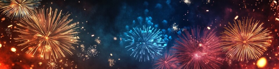 Fototapeta premium Dazzling Fireworks Celebration: AI-Generated Abstract Composition for National Holidays and Festive Events. Vibrant Patriotic Display with Flag-Inspired Colors, Perfect for Marketing, Web Design, and 