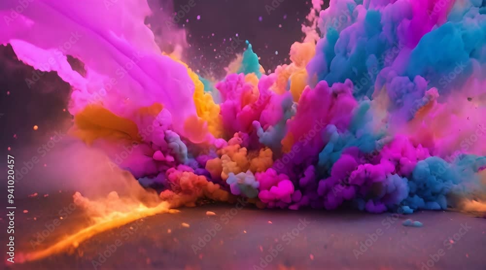 Poster explosion of bright colorful paint on black background burst of multicolored powder abstract pattern