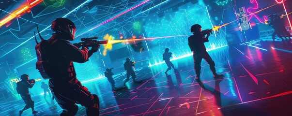 High-tech laser tag battle in futuristic neon-lit arena.