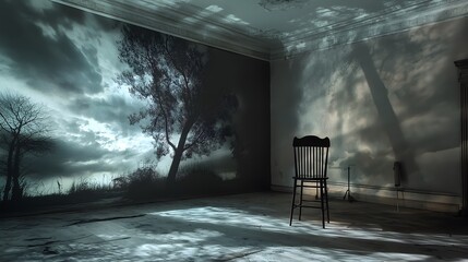 Empty Chair in Derelict Room with Projected Landscape