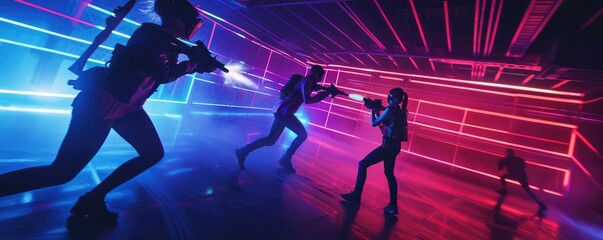 High-tech laser tag battle in futuristic neon-lit arena.