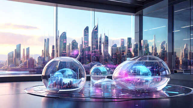 vibrant science background featuring floating holographic molecules and 3D data visualizations