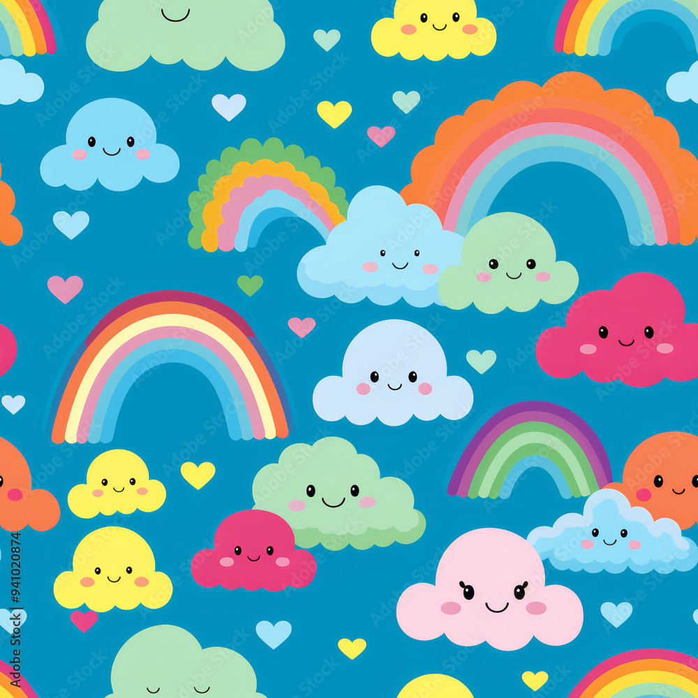 Poster seamless pattern of colorful rainbows and smiling clouds on blue background.