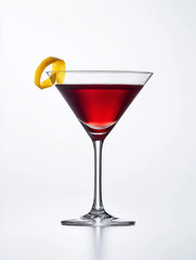 A bright red cosmopolitan in a sleek martini glass, with a twist of lemon peel on the rim, isolated on a stark white background