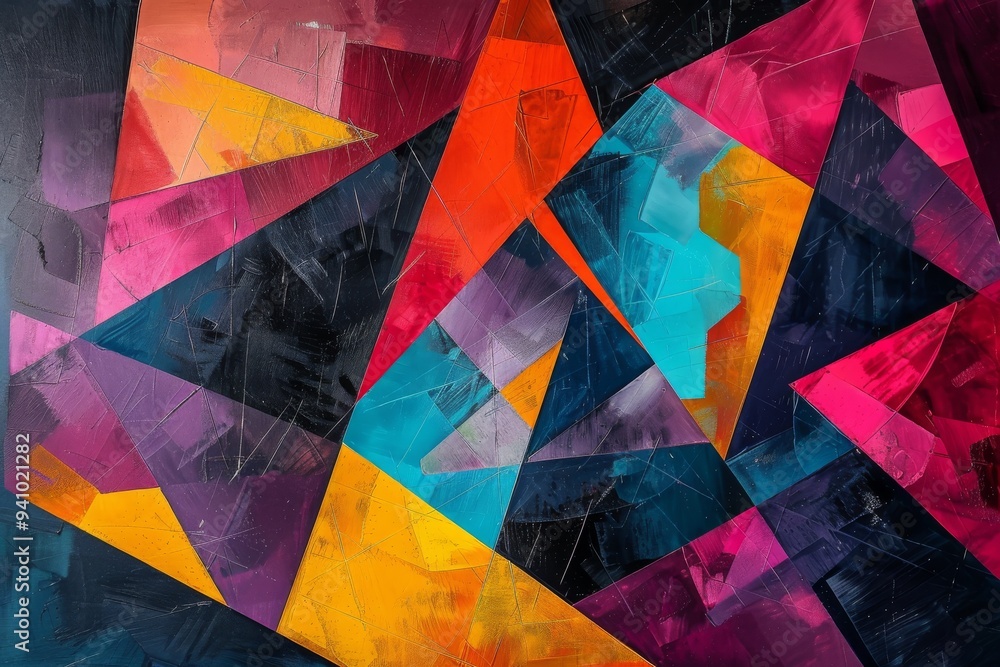 Wall mural A vivid abstract painting showcasing a variety of colorful shapes, blending harmoniously to create an engaging visual experience, AI generated