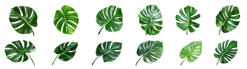 Collection of Monstera Deliciosa Leaves Isolated on White Background