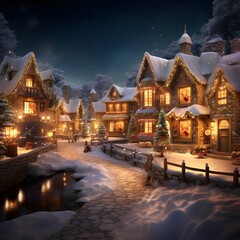 Beautiful winter landscape with a small village at night, illuminated houses in the snow