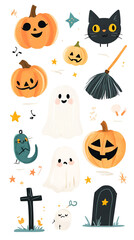 Adorable Halloween Elements Illustration Set: Pumpkins, Ghosts, and Black Cat