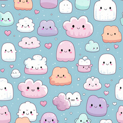 Obraz premium Seamless pattern of cute cartoon clouds with smiling faces on a light blue background.