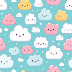 Seamless pattern of cute cartoon clouds with smiling faces on a light blue background.