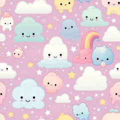 Seamless pattern of cute cartoon clouds, stars, and a rainbow on a pink background.