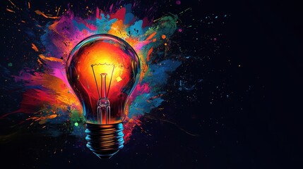Vibrant Light Bulb with Colorful Paint Splash on Dark Background Representing Creativity and Innovation