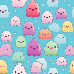 Seamless pattern of cute cartoon ghosts in various colors and sizes on a blue background.