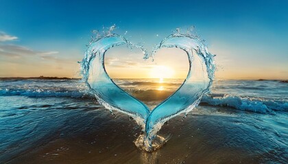 Water splash in the shape of a heart by the ocean. Earth day concept. Protecting our environment. Love for oceans and nature