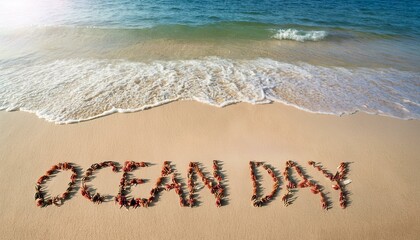 Fototapeta premium Ocean day text written in sand on a beach 