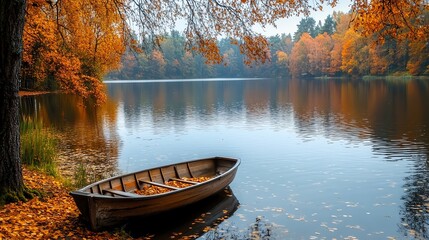 A wooden boat sits on the edge of a calm lake. Trees with colorful fall leaves line the shore.