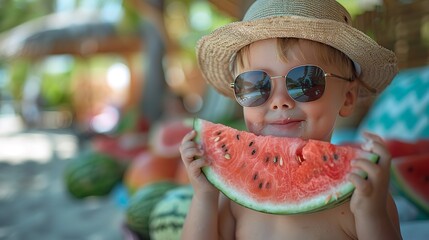 Close-up of a young toddler boy in sunglasses and a hat, enjoying a slice of watermelon outdoors in the summer. A joyful moment of healthy eating, with sweet, 