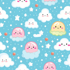 Seamless pattern of cute clouds with smiling faces and stars on a light blue background.