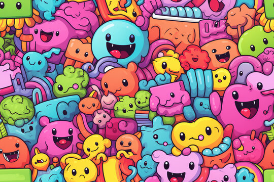 Seamless pattern of cute cartoon monsters with different shapes, colors and expressions on a white background.