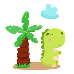 Vector children's illustration. Cute Terranosaurus and the palm. Print for children's products, Children's poster with a cute green dinosaur. Hand-drawn illustration with dino.