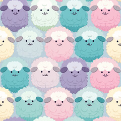 Seamless pattern of cute colorful sheep on light blue background.