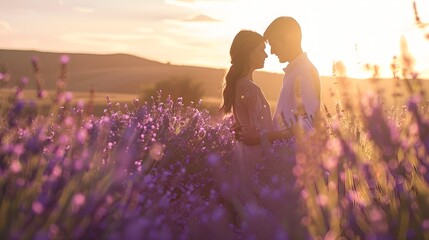Romantic Sunset Proposal in Lavender Meadow Couple Silhouetted by Vibrant Purple Hues