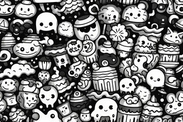 Seamless pattern of cute doodle characters with white and black colors, perfect for kids and fun designs.
